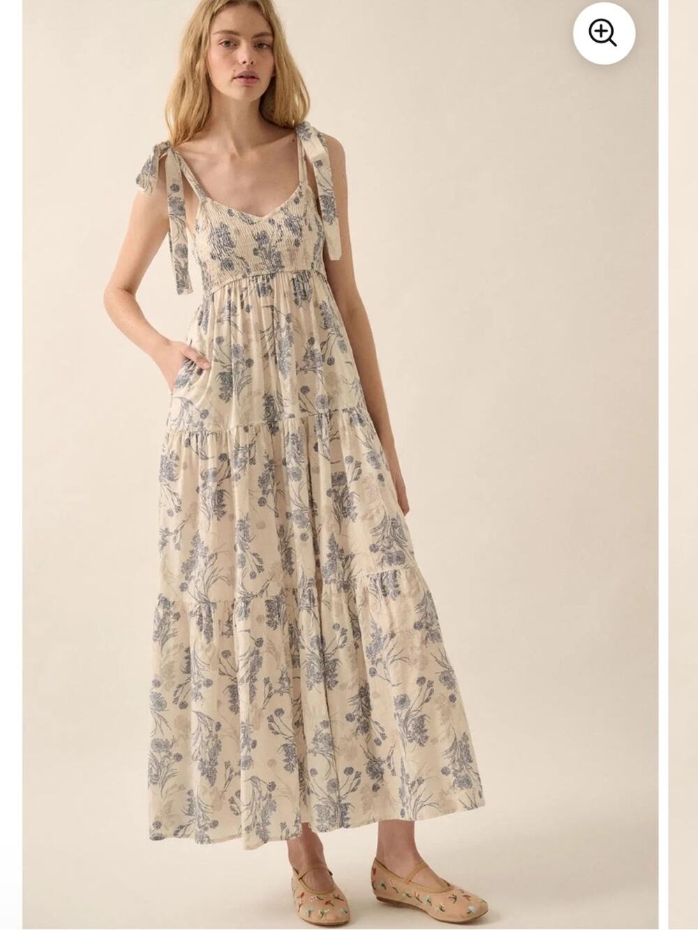 Promesa Sentimental Beauty Floral Tiered Ruffle Blue Maxi Dress Small